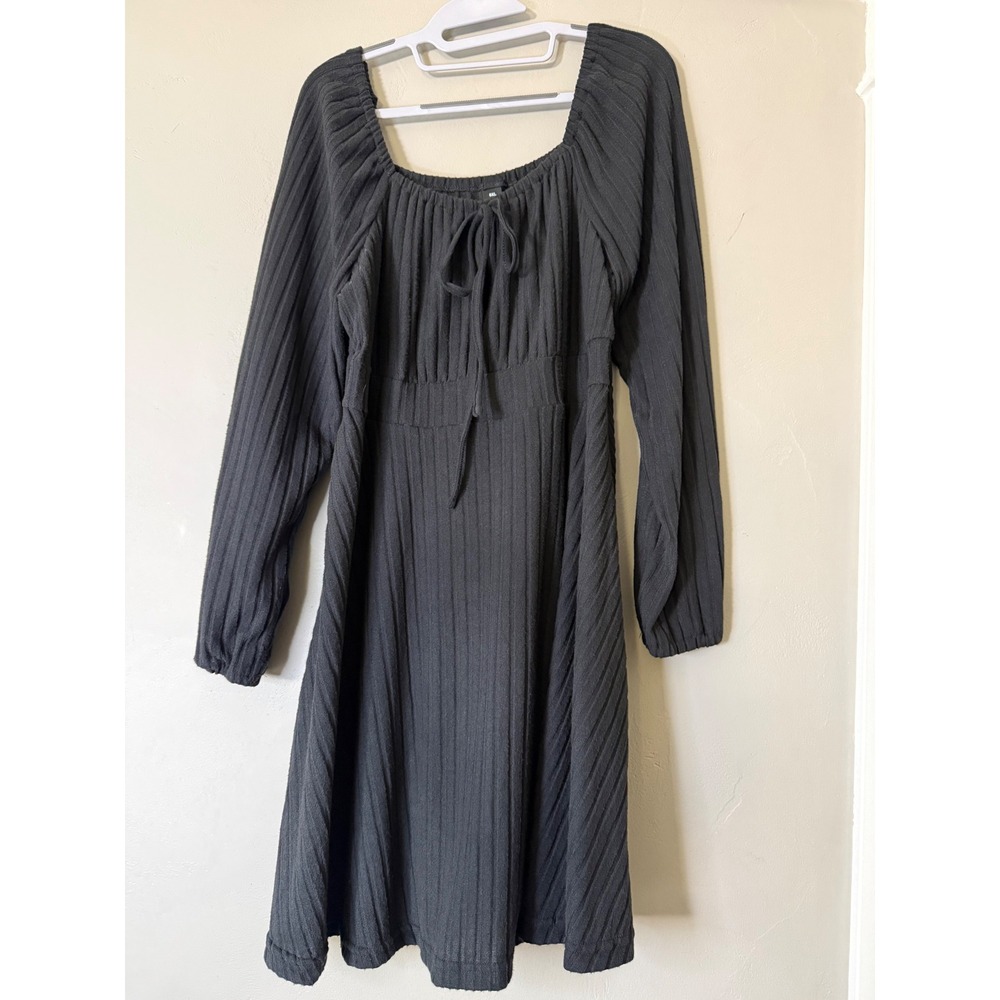 SHEIN Curve Dark Grey Ribbed Knit Square Neck Tie Front Mini Dress 0XL
